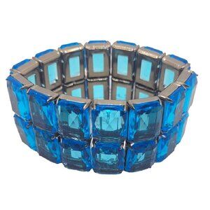 Women's Blue Glass Set in Metal Stretch Bracelet